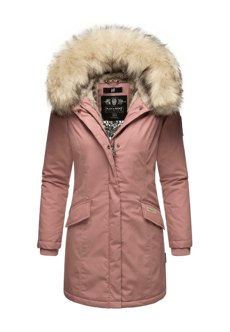 Pink parka jacket with a fur-lined hood, made of smooth fabric. Features front pockets, ribbed cuffs, and a zipper closure with snaps.