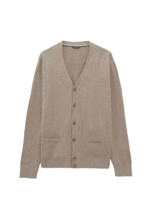 Beżowy kardigan z dekoltem w kształcie V, długimi rękawami, pięcioma guzikami z przodu oraz dwiema kieszeniami. Wykonany z miękkiej dzianiny o gładkiej teksturze.