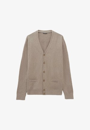 Beżowy kardigan z dekoltem w kształcie V, długimi rękawami, pięcioma guzikami z przodu oraz dwiema kieszeniami. Wykonany z miękkiej dzianiny o gładkiej teksturze.