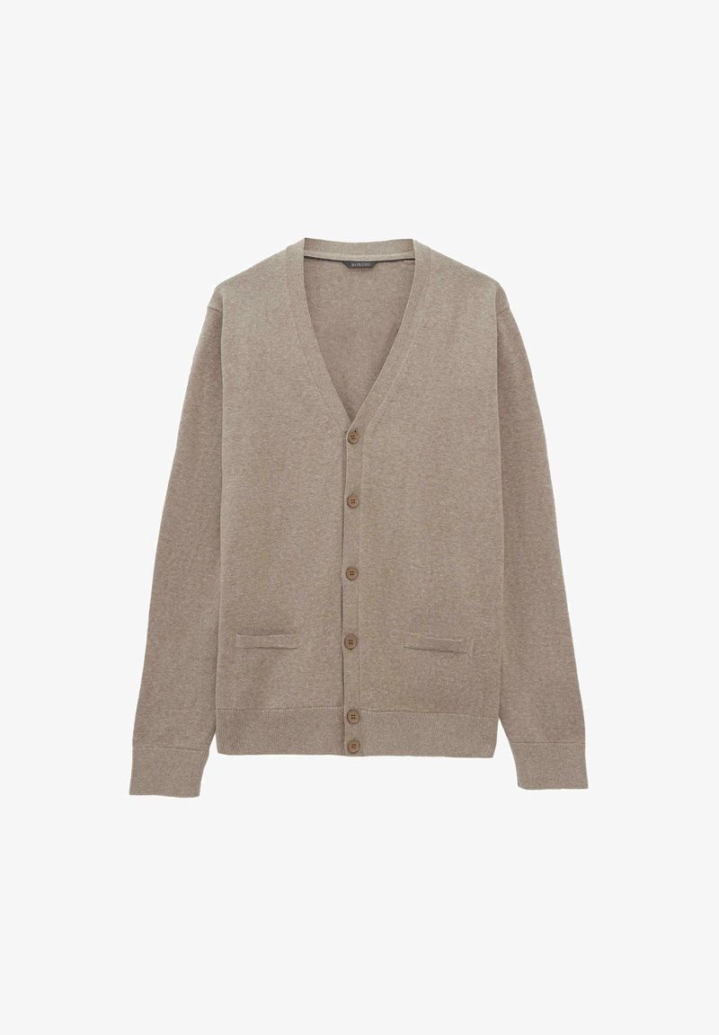 Beżowy kardigan z dekoltem w kształcie V, długimi rękawami, pięcioma guzikami z przodu oraz dwiema kieszeniami. Wykonany z miękkiej dzianiny o gładkiej teksturze.