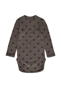 Långärmad babybodysuit i mörk taupe med ett upprepat svart blommönster, med rund halsringning och tryckknappar i botten.