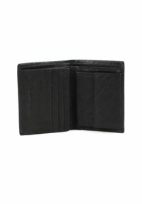 Portefeuille en cuir noir avec une finition texturée. Comporte plusieurs emplacements pour cartes et un compartiment pour les billets. Forme rectangulaire compacte.