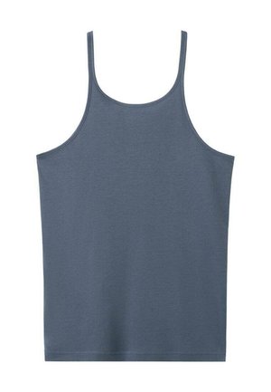Ärmelloses Tanktop in blau-grau mit dünnen Schulterträgern und rundem Ausschnitt, flach auf weißem Hintergrund präsentiert.