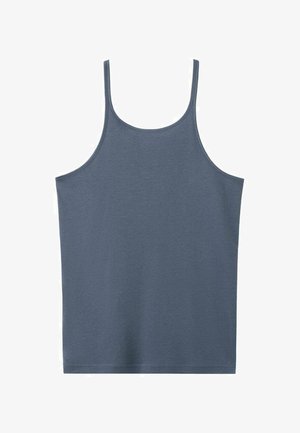 Haut débardeur bleu-gris sans manches avec fines bretelles et encolure ronde, présenté à plat sur un fond blanc.