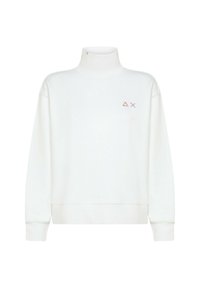 Felpa bianca con collo alto, caratterizzata da un piccolo logo rosa sul petto. Polsi e orlo a coste, realizzata in tessuto morbido.