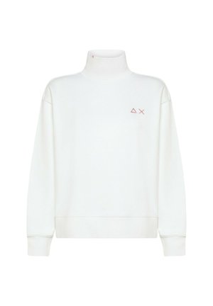 Felpa bianca con collo alto, caratterizzata da un piccolo logo rosa sul petto. Polsi e orlo a coste, realizzata in tessuto morbido.