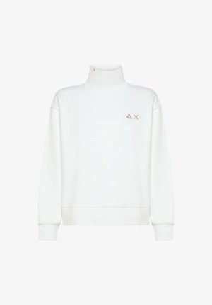 Felpa bianca con collo alto, caratterizzata da un piccolo logo rosa sul petto. Polsi e orlo a coste, realizzata in tessuto morbido.
