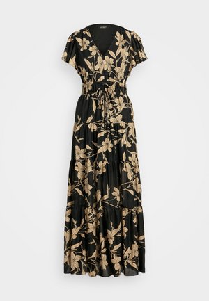 Robe longue noire avec imprimé floral beige, col en V, manches courtes bouffantes et taille froncée avec lien de serrage.