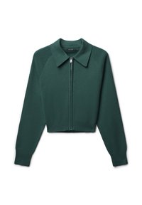 Cardigan corto verde con colletto a punta, chiusura frontale con zip e orlo a costine. Presenta maniche raglan e una texture a maglia liscia.