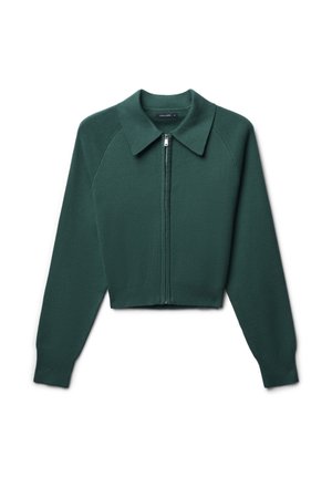 Cardigan corto verde con colletto a punta, chiusura frontale con zip e orlo a costine. Presenta maniche raglan e una texture a maglia liscia.