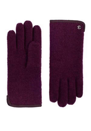 Guanti in lana viola con una texture morbida, dotati di un bordo marrone e un piccolo accento metallico. Progettati con cinque dita per una copertura completa della mano.