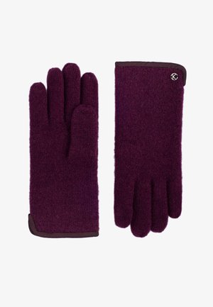 Guanti in lana viola con una texture morbida, dotati di un bordo marrone e un piccolo accento metallico. Progettati con cinque dita per una copertura completa della mano.