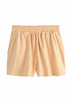 Sárga kockás, gumis derekú rövidnadrág oldalzsebekkel, bő szabású, könnyű anyagból, alkalmi viselethez alkalmas.