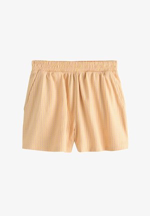 Kollased triibulised lühikesed püksid elastse vöökohaga, küljetaskutega, lõdva lõike ja kerge kangaga, sobilikud igapäevaseks kandmiseks.