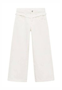 White wide-leg jeans with a frayed waistband and two front pockets. Made of sturdy cotton denim, featuring a button and zipper closure.
