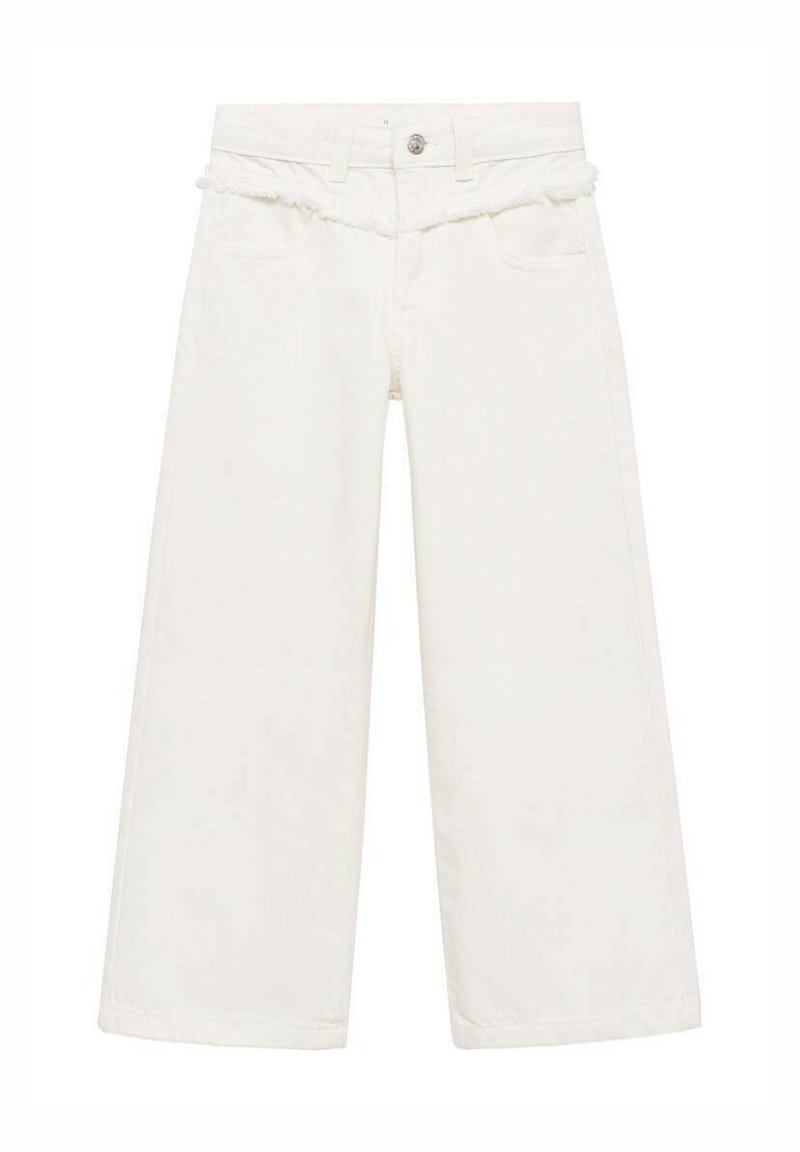 White wide-leg jeans with a frayed waistband and two front pockets. Made of sturdy cotton denim, featuring a button and zipper closure.