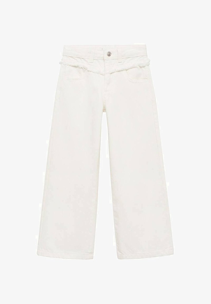 White wide-leg jeans with a frayed waistband and two front pockets. Made of sturdy cotton denim, featuring a button and zipper closure.