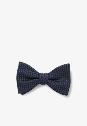 Nœud papillon texturé à carreaux noirs et bleus avec un nœud symétrique, présenté à plat sur fond blanc.