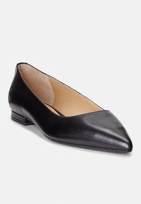 Ballerine in pelle nera con punta affilata e tacco quadrato basso. L'interno presenta una soffice fodera e dettagli di cucitura minimi.