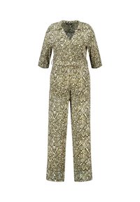 Combinaison à motifs multiples en vert olive et crème, avec un décolleté en v, des manches courtes, une taille ceinturée et une coupe large.