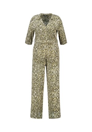 Meerpatronen jumpsuit in olijfgroen en roomkleur, met een v-hals, korte mouwen, ceintuur in de taille en een wijde broekspijp.