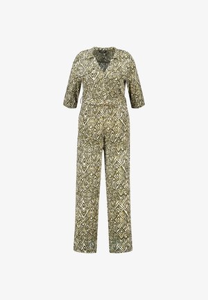 Meerpatronen jumpsuit in olijfgroen en roomkleur, met een v-hals, korte mouwen, ceintuur in de taille en een wijde broekspijp.