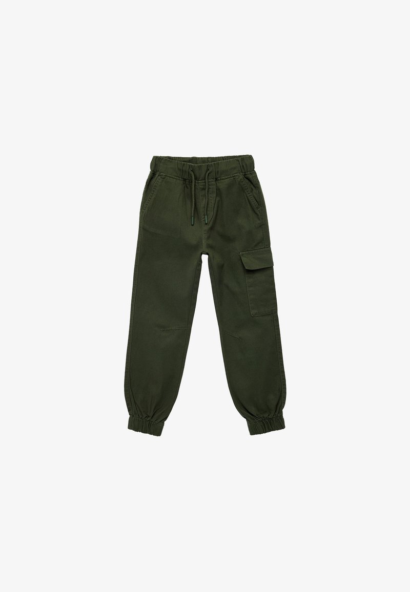 Pantalons cargo vert foncé avec taille élastique, fermeture à cordon, poches latérales et bas fuselés. Fabriqués en tissu en coton durable.