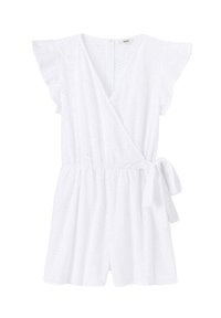 Rompers en coton blanc avec des manches volantées, une taille élastique et un détail de lien sur le côté ; texturé avec des motifs en œillets sur l'ensemble.