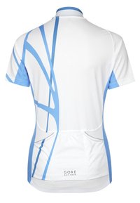 Cyklistický dres s krátkým rukávem v bílé barvě s modrými abstraktními vzory, vyrobený z prodyšného materiálu, se zadní kapsou a vysokým límcem.