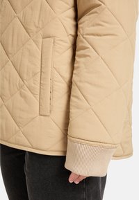 Beige quiltet jakke med diagonale sømmer, sidelommer og ribbede mansjetter. Glatt tekstur med lett design.