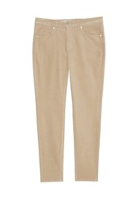 Beige korduroypö trousers, jotka ovat slim fit -mallisia, viidellä taskulla varustettuja ja niissä on hienovarainen tekstuuri. Mukana on nappi- ja vetoketjusuljenta.