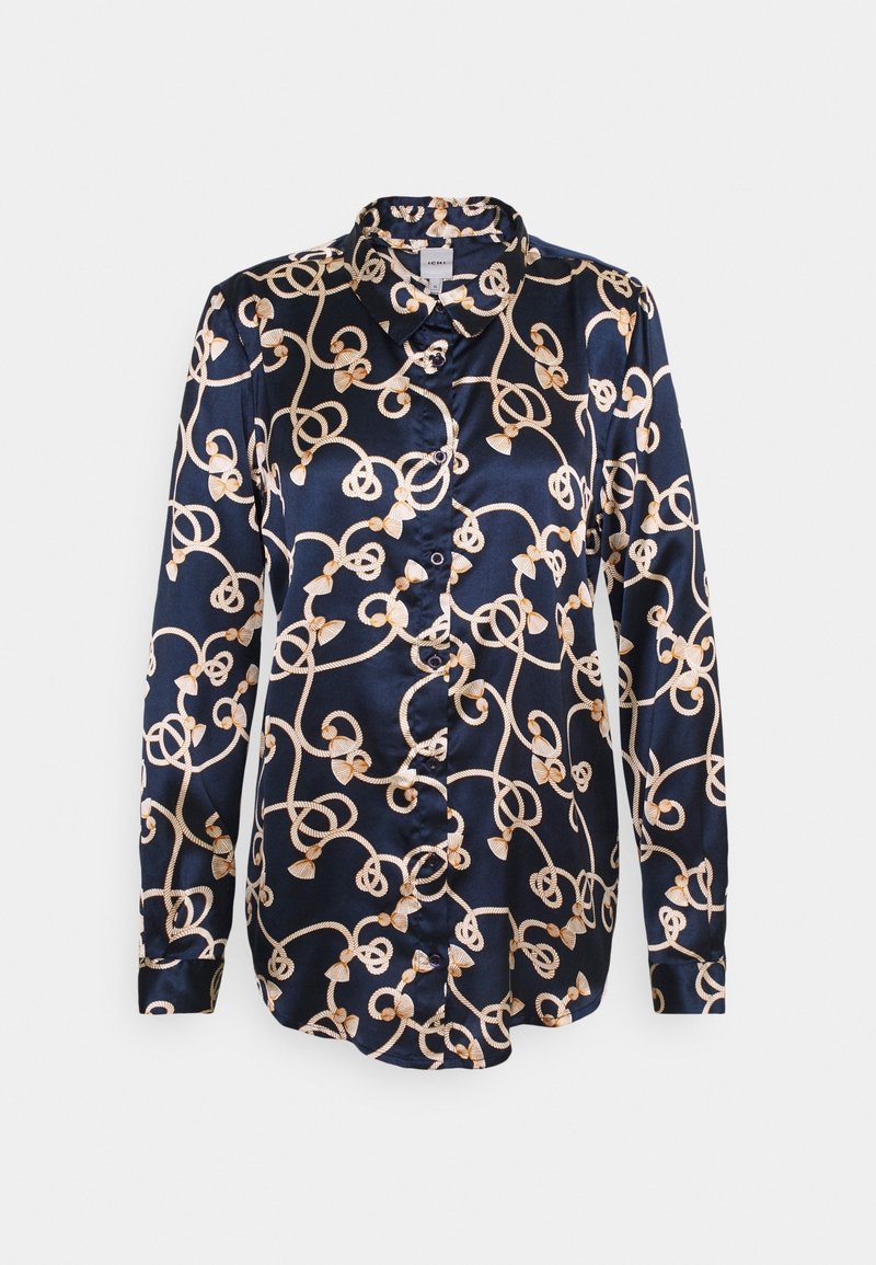 Chemise boutonnée en satin bleu marine à manches longues, avec motif corde beige et nœuds, col classique et manches avec poignets.