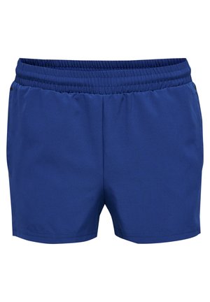 Blaue Sportshorts mit elastischem Bund, glatter Textur und ohne Taschen. Einfaches Design mit sauberem Saum und Nähdetails.