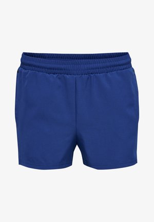 Blå idrottsshorts med elastisk midja, slät yta och utan fickor. Enkelt design med ren fåll och sömnadsdetaljer.