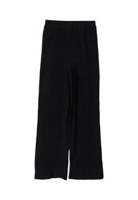 Schwarze weit geschnittene Hose mit geripptem Textil. Elastischer Bund für Komfort. Hat einen lässigen Schnitt und einen geraden Schnitt von der Hüfte bis zum Saum.
