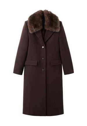 Brown wool blend coat with a faux fur collar, single-breasted design, five buttons, and two front pockets. Tailored fit and knee-length.