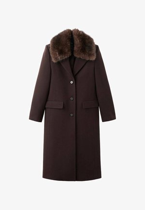 Brown wool blend coat with a faux fur collar, single-breasted design, five buttons, and two front pockets. Tailored fit and knee-length.