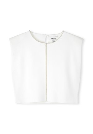 Witte cropped top met korte mouwen, met een ronde halslijn en een gouden ritsdetail aan de voorkant. Glad materiaal en minimalistisch ontwerp.