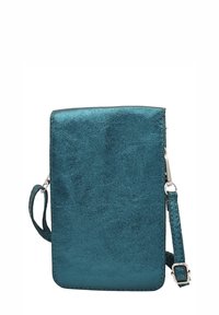 Sac bandoulière métallique bleu sarcelle avec une texture lisse, une forme rectangulaire et une sangle réglable. Doté d'une fermeture éclair et d'un design minimaliste.