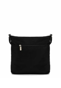 Melna neilona pleca soma ar platu formu, kas aprīkota ar rāvējslēdzēja priekšējo nodalījumu un regulējamu siksnu. Gluda tekstūra ar sudraba akcentiem.