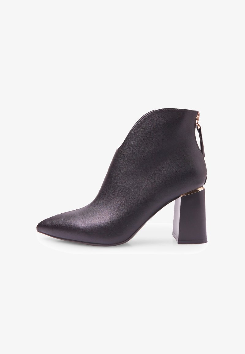 Black leather ankle boot with pointed toe, chunky square heel, and a side zipper. Smooth texture with metallic accent at the heel base.