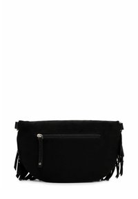 Borsa a tracolla in suede nero con una forma arrotondata, dotata di una tasca frontale con zip e dettagli in frange lungo i lati.