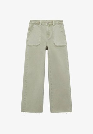 Jeans a gamba larga color verde chiaro con vita alta, due tasche frontali e dettagli con orlo grezzo. Realizzati in tessuto denim con una texture liscia.