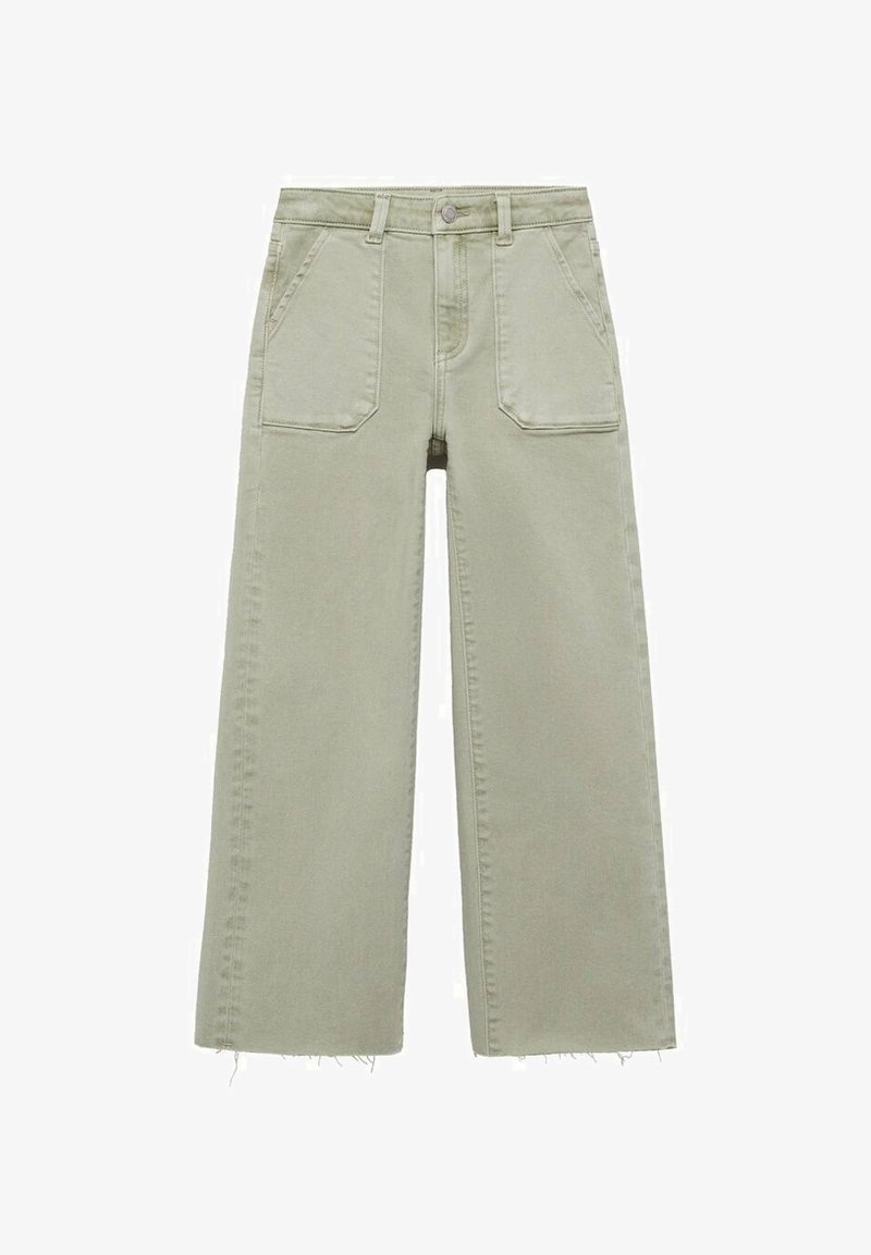 Svijetlozelene široke traperice s visokim strukom, s dva prednja džepa i sirovim rubom. Napravljene od trapera s glatkom teksturom.