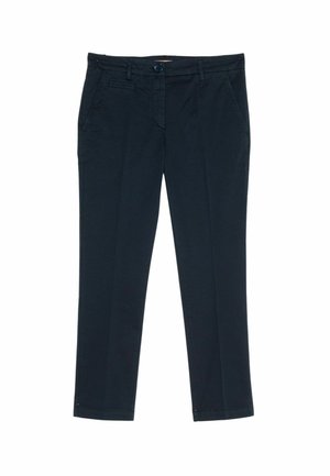 Pantaloni su misura blu navy con tasche anteriori oblique, chiusura con bottone e passanti per cintura, mostrati distesi su uno sfondo bianco.