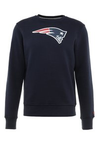 Sudadera navy de mezcla de algodón, con cuello redondo, puños y dobladillo acanalados, y con un logo gráfico de los New England Patriots en la parte frontal.