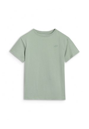T-shirt uni vert clair à manches courtes et col rond avec petit logo ton sur ton sur la poitrine gauche, posé à plat sur fond blanc.