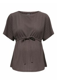 Haut marron côtelé avec un col rond, des manches courtes et un lien à nouer à l'avant à la taille. Confectionné dans un tissu texturé pour plus de détails.