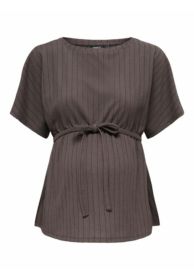 Haut marron côtelé avec un col rond, des manches courtes et un lien à nouer à l'avant à la taille. Confectionné dans un tissu texturé pour plus de détails.