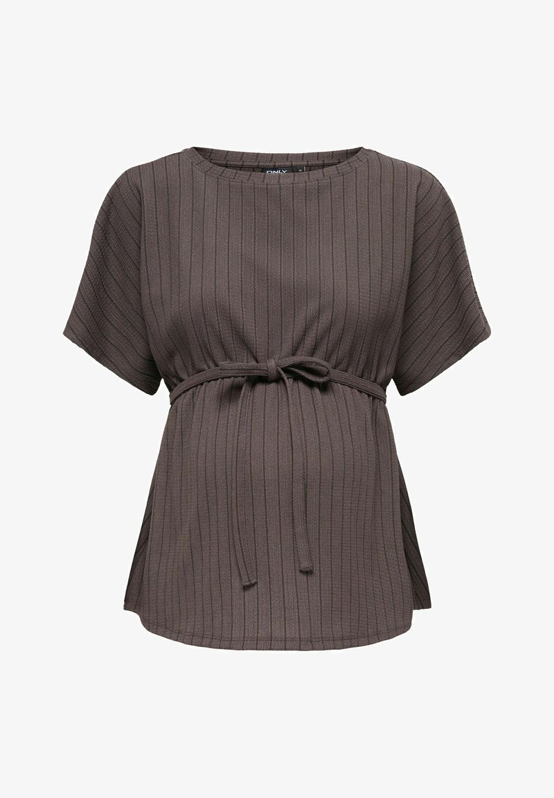 Haut marron côtelé avec un col rond, des manches courtes et un lien à nouer à l'avant à la taille. Confectionné dans un tissu texturé pour plus de détails.